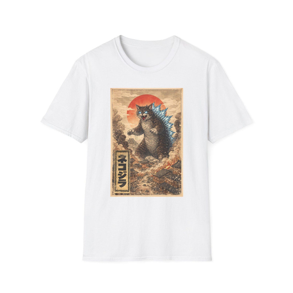 Catzilla White Poster Unisex T Shirt Kaiju Illustration, Japanese Retro